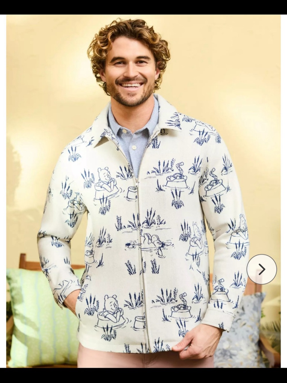 Winnie the Pooh-Boxed Lunch-Beige Jacket with Blue Winnie the Pooh Print-Mens